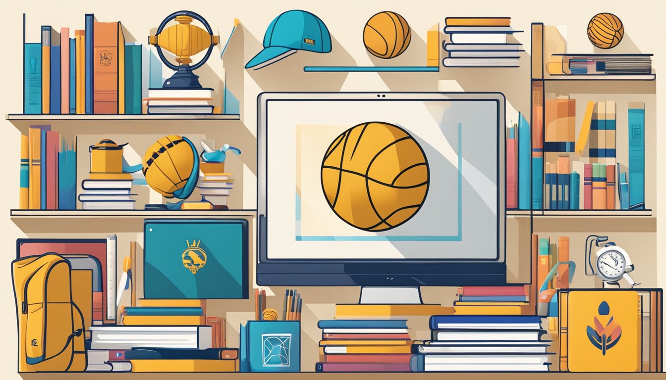 A university logo surrounded by books, sports equipment, and a gender-neutral symbol