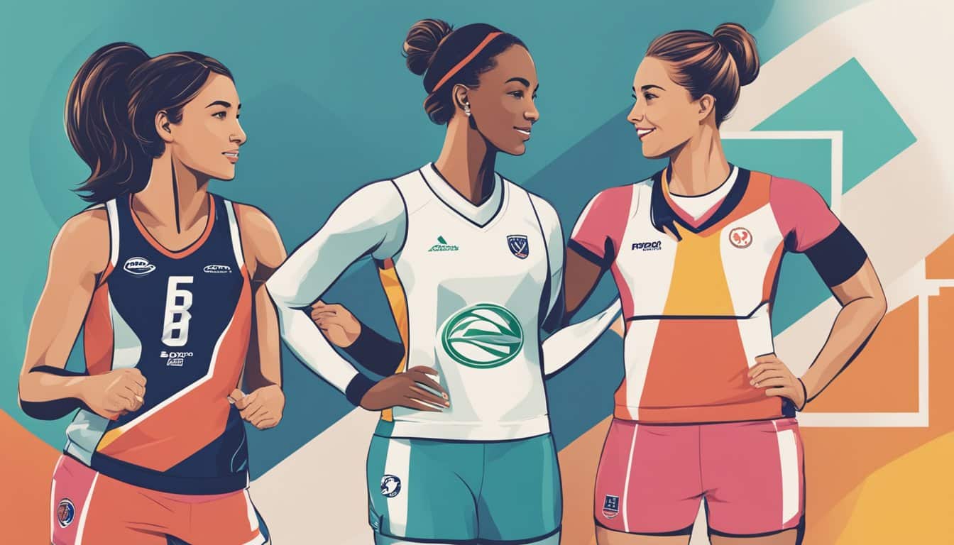 Two female athletes shaking hands with a prominent brand logo in the background. They are discussing a potential partnership, symbolizing the importance of brand collaborations in the sports industry