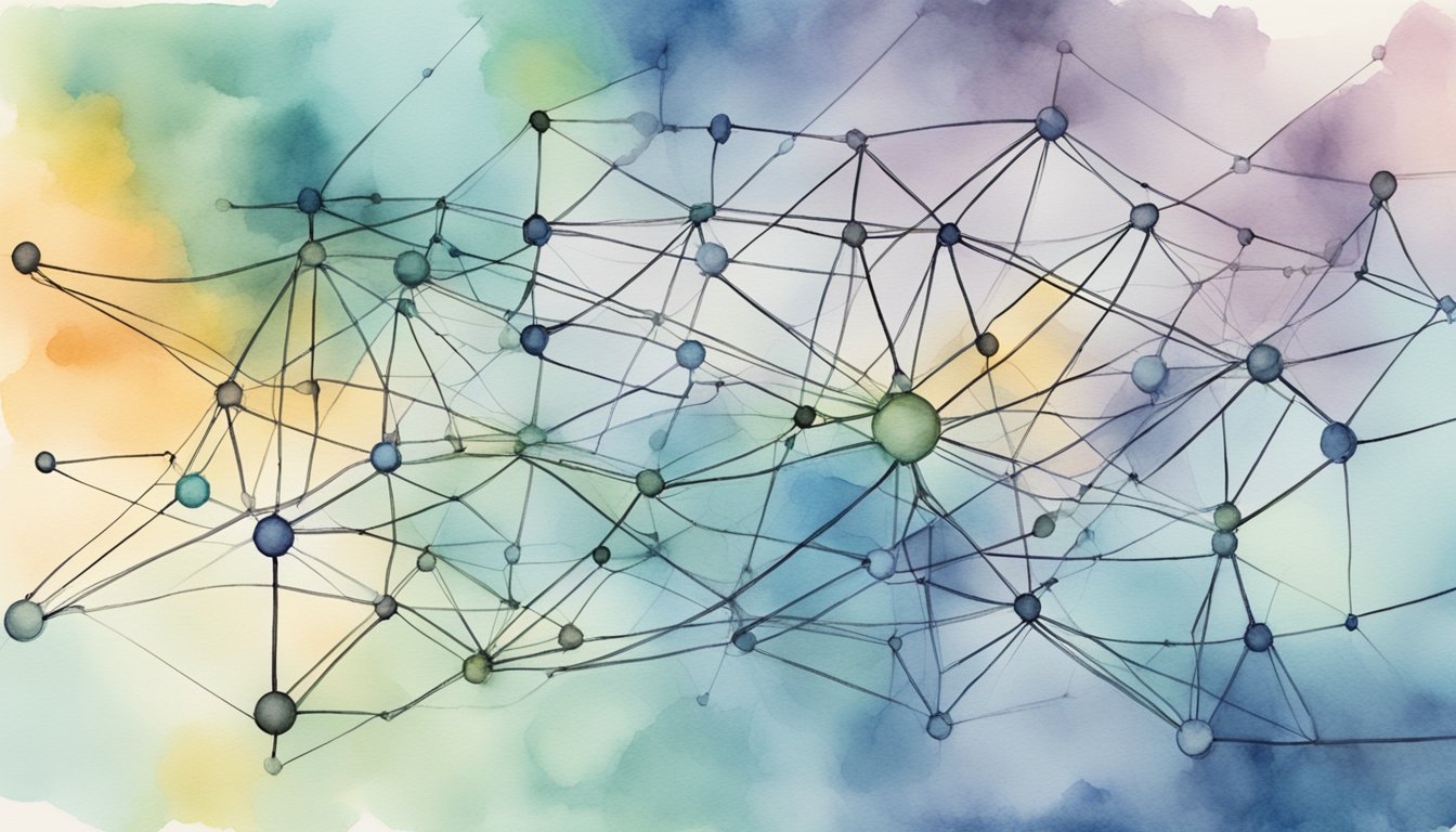 A network of interconnected nodes, representing data flow and processing, with arrows indicating communication and transformation