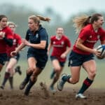 A women's rugby player in red runs with the ball, pursued by opponents in blue, on a muddy field.