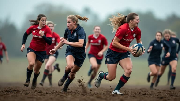 A women's rugby player in red runs with the ball, pursued by opponents in blue, on a muddy field.