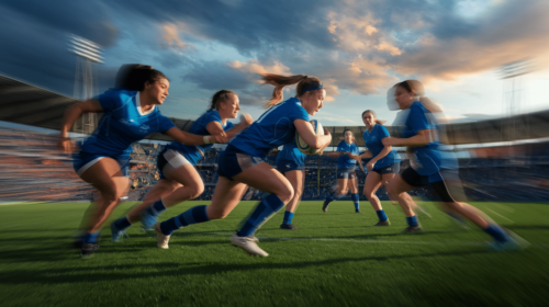 A group of young women in blue uniforms playing rugby on a field, with one player running while holding the ball. The stadium and sky are visible in the background.