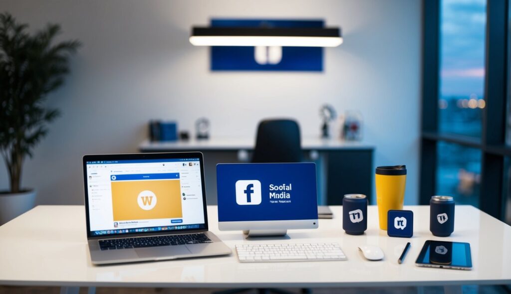 A modern office desk with a laptop, monitor, smartphone, and branded mugs. The screens display social media logos. A large window shows a city view.