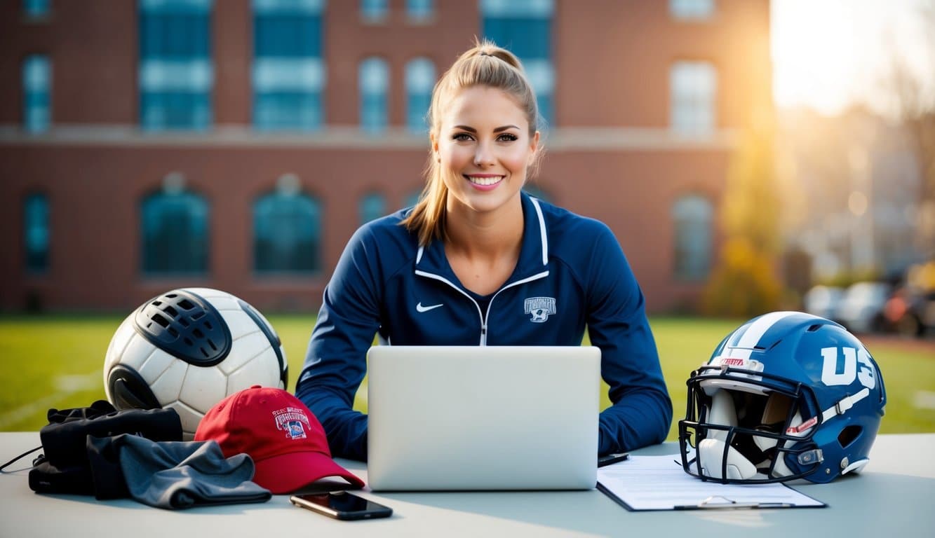 A female college athlete surrounded by a laptop, smartphone, sports gear, and a contract, representing the essential tools for managing NIL opportunities