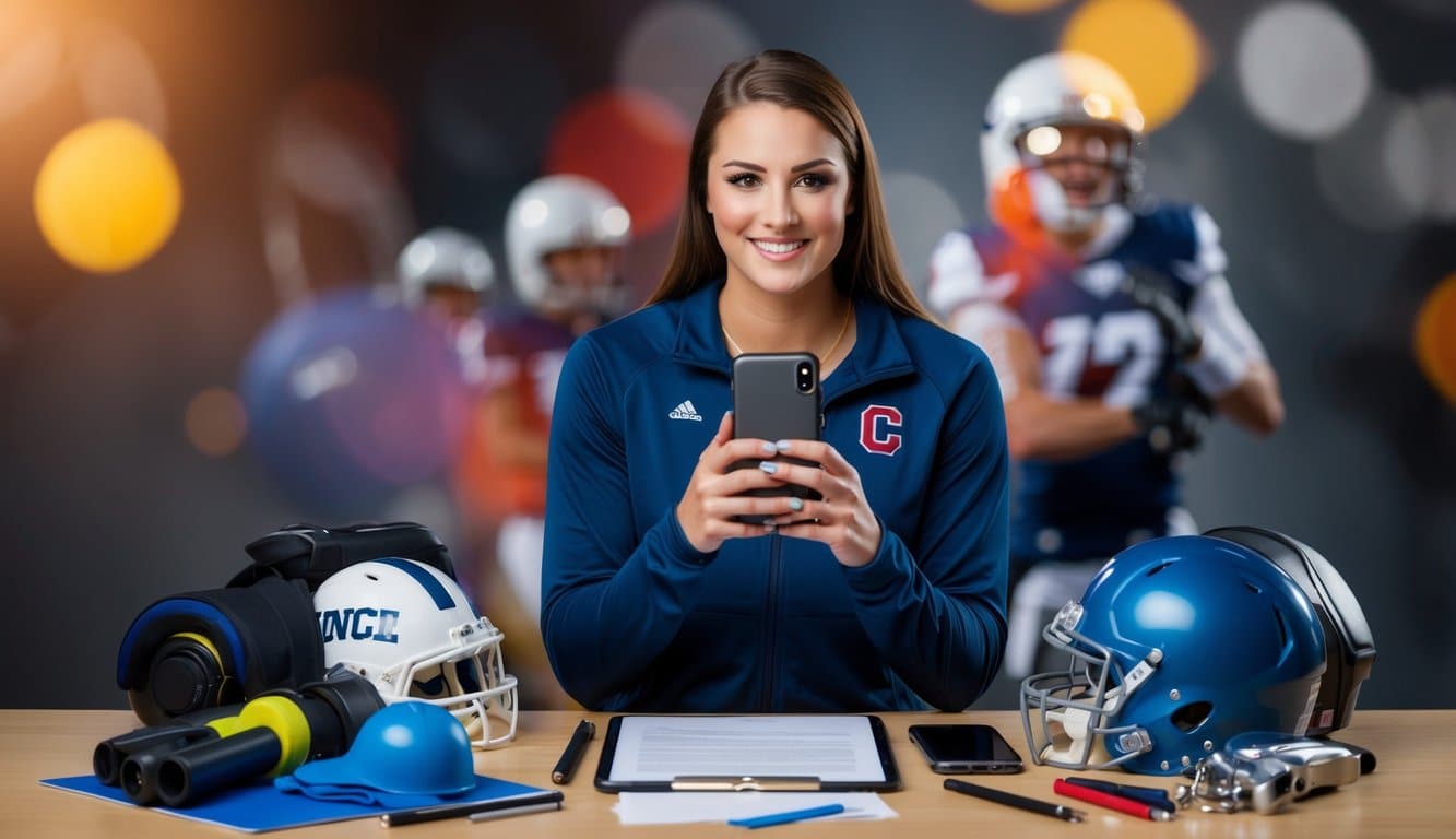 A female college athlete holding a smartphone, surrounded by athletic gear and business tools, with a mix of sports and professional imagery