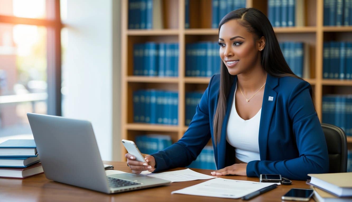 A female college athlete sitting at a desk with a laptop, paperwork, and a phone, surrounded by legal support books and resources