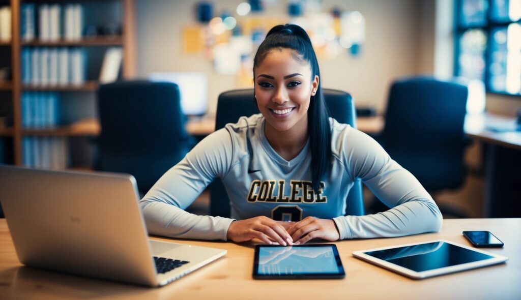 A person in a college jersey sits at a desk with a laptop, tablet, and smartphone, smiling in a well-lit office.