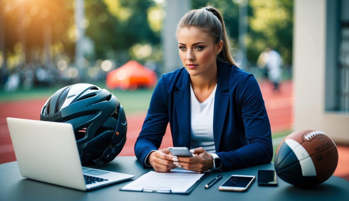 A female college athlete surrounded by a laptop, phone, sports equipment, and a contract, symbolizing the essential tools for managing NIL opportunities