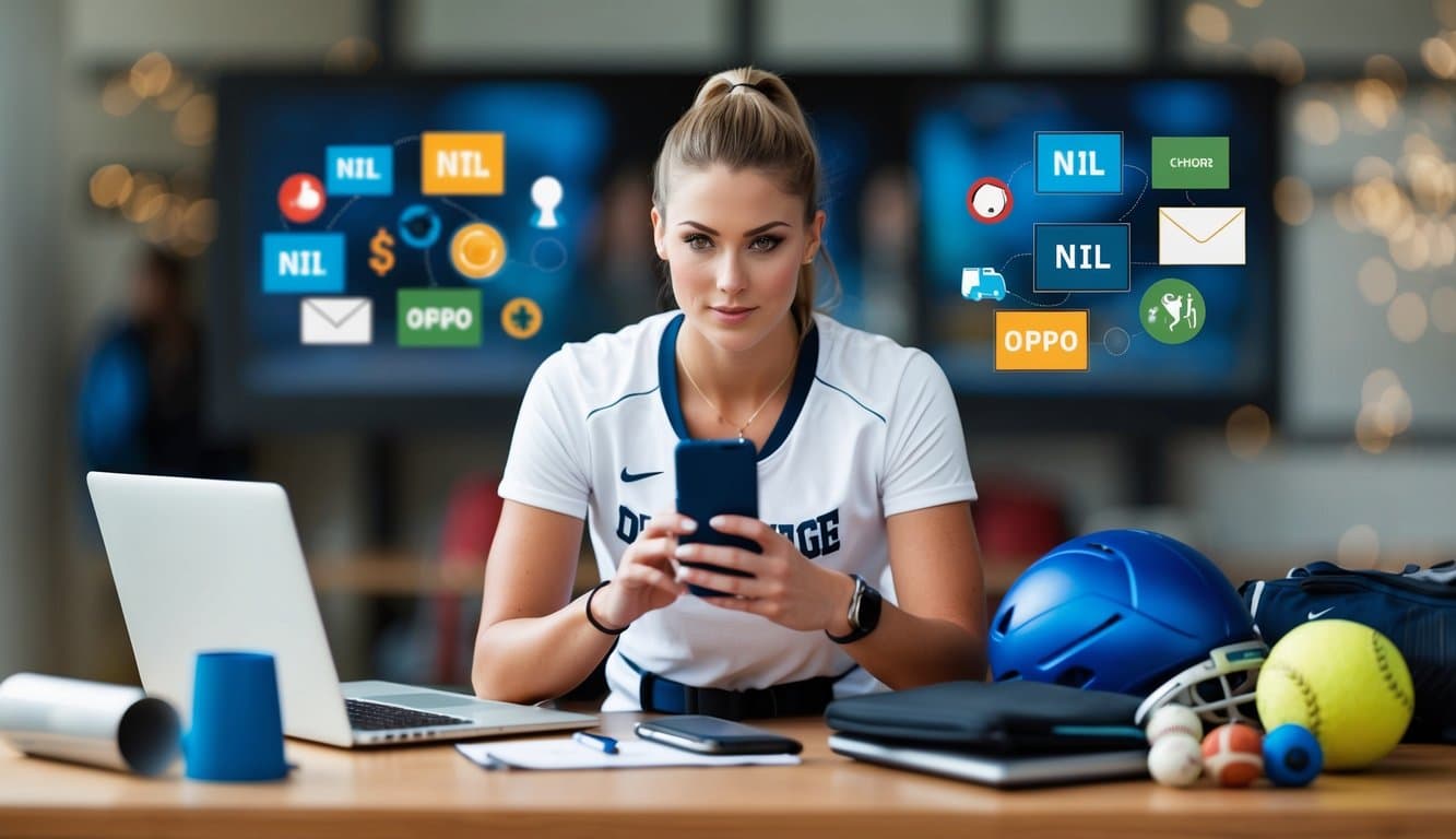 A female college athlete holding a smartphone, surrounded by sports equipment and a laptop, with various NIL opportunities displayed on the screen