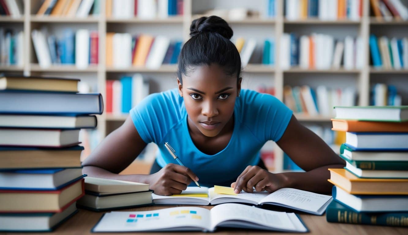 A focused athlete surrounded by books and study materials, with a determined expression while using various study techniques such as flashcards, diagrams, and note-taking