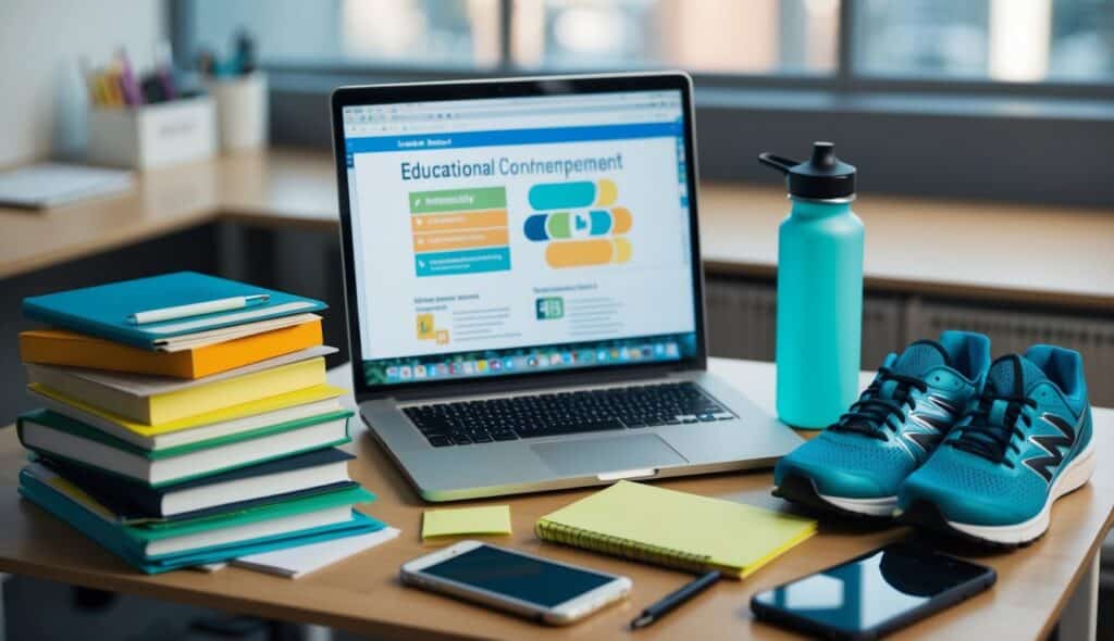 A laptop displaying a presentation is on a desk surrounded by books, a smartphone, a notepad, a pen, sneakers, and a water bottle.