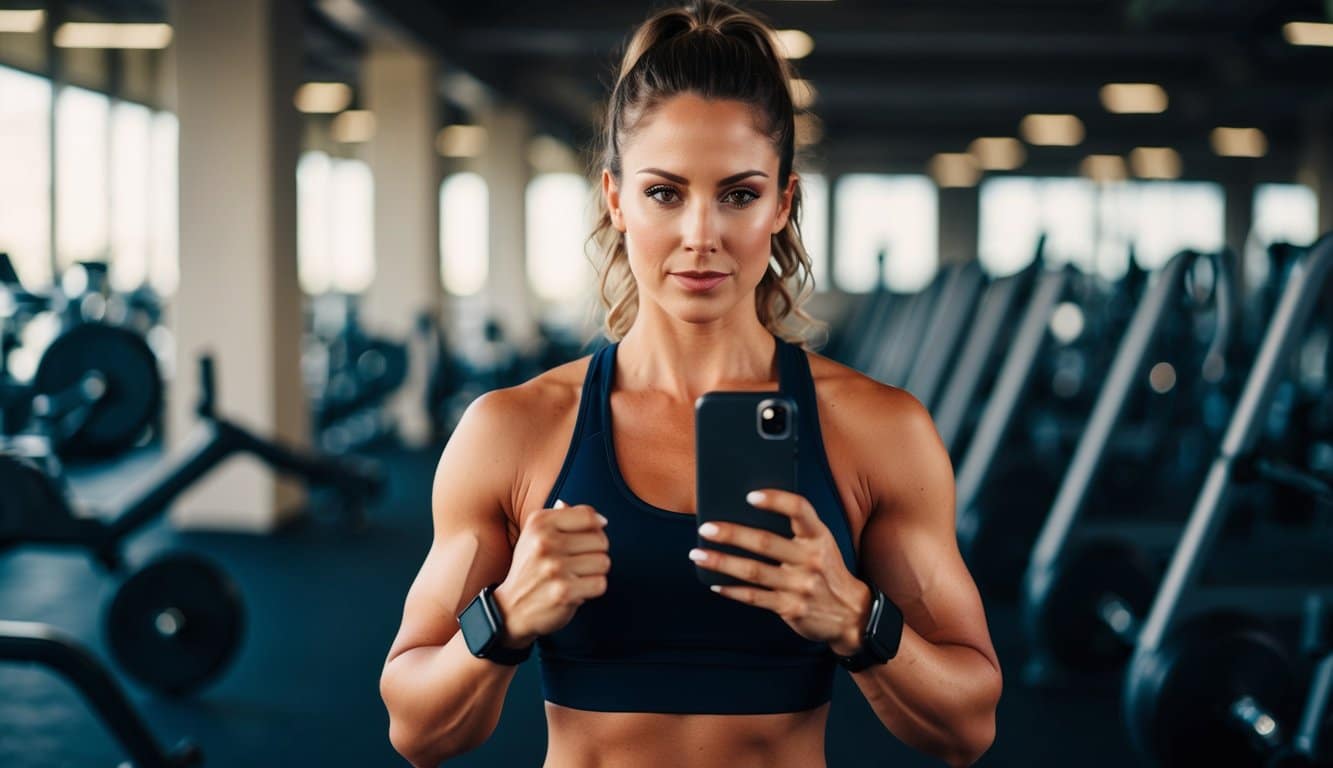 A female athlete posts workout photos, nutrition tips, and motivational quotes on social media, engaging with followers and building her personal brand