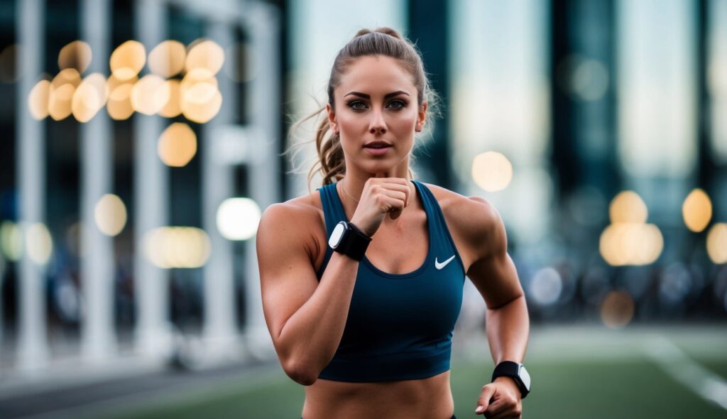 A person in athletic wear runs outdoors, wearing a fitness tracker. Cityscape and blurred lights are in the background.