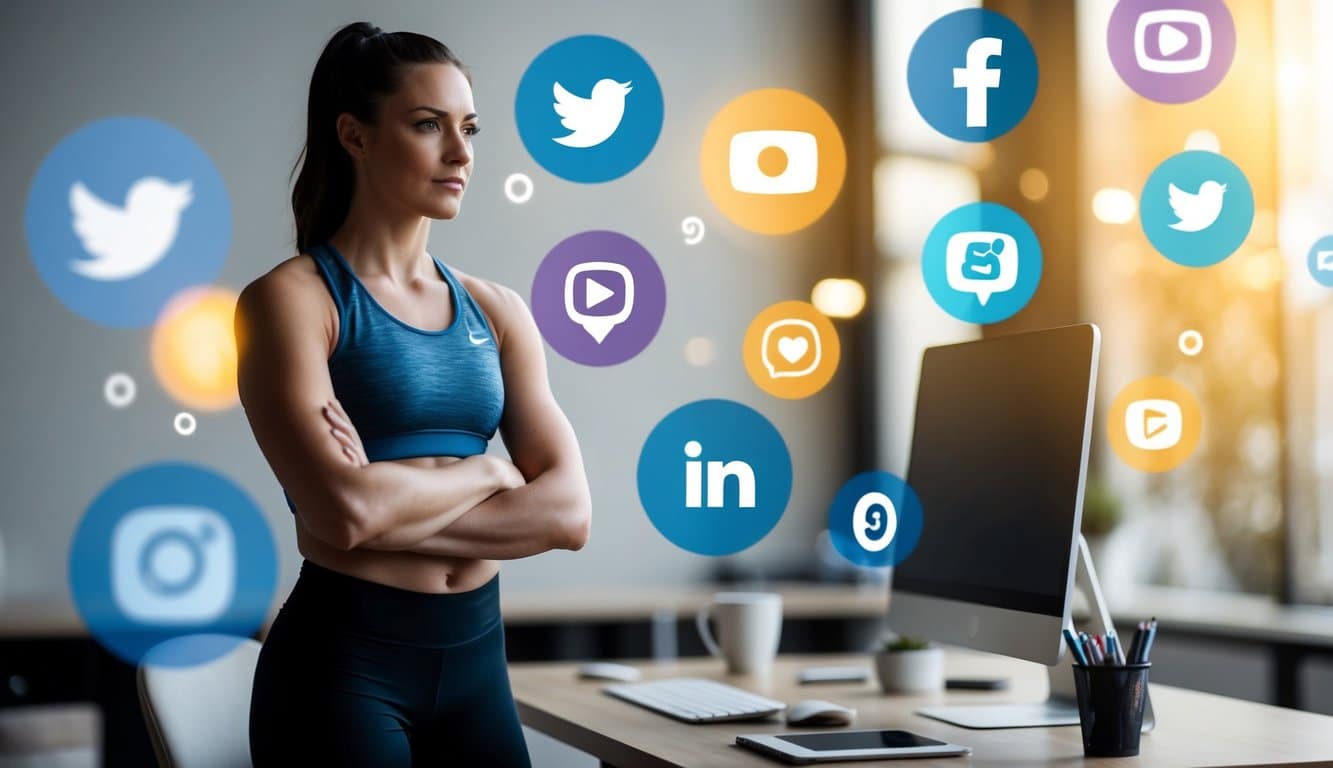 A female athlete stands confidently in front of a computer, surrounded by social media icons and content creation tools