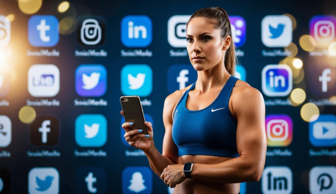 A female athlete standing confidently in front of a backdrop of social media icons, with a smartphone in hand and a determined expression on her face