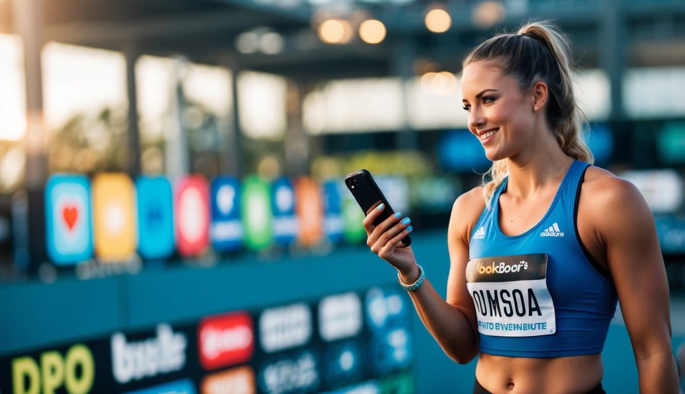 A female athlete confidently engages with fans and sponsors on social media, showcasing her skills and sharing empowering messages