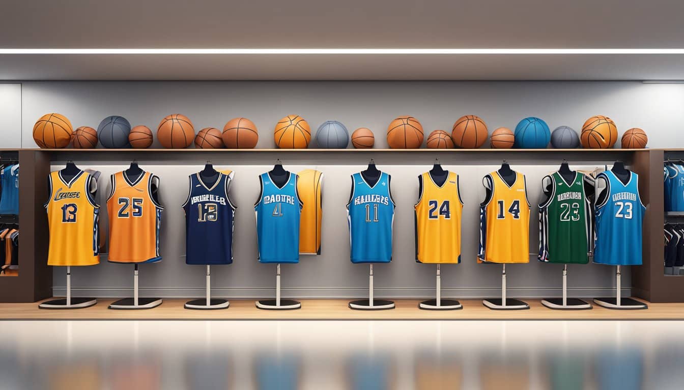 A group of basketball jerseys displayed on mannequins in a modern retail store