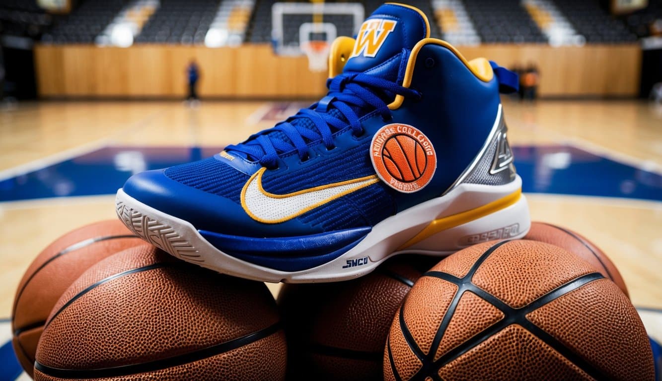 A basketball shoe with a prominent women's college basketball team logo, surrounded by basketballs and a court background