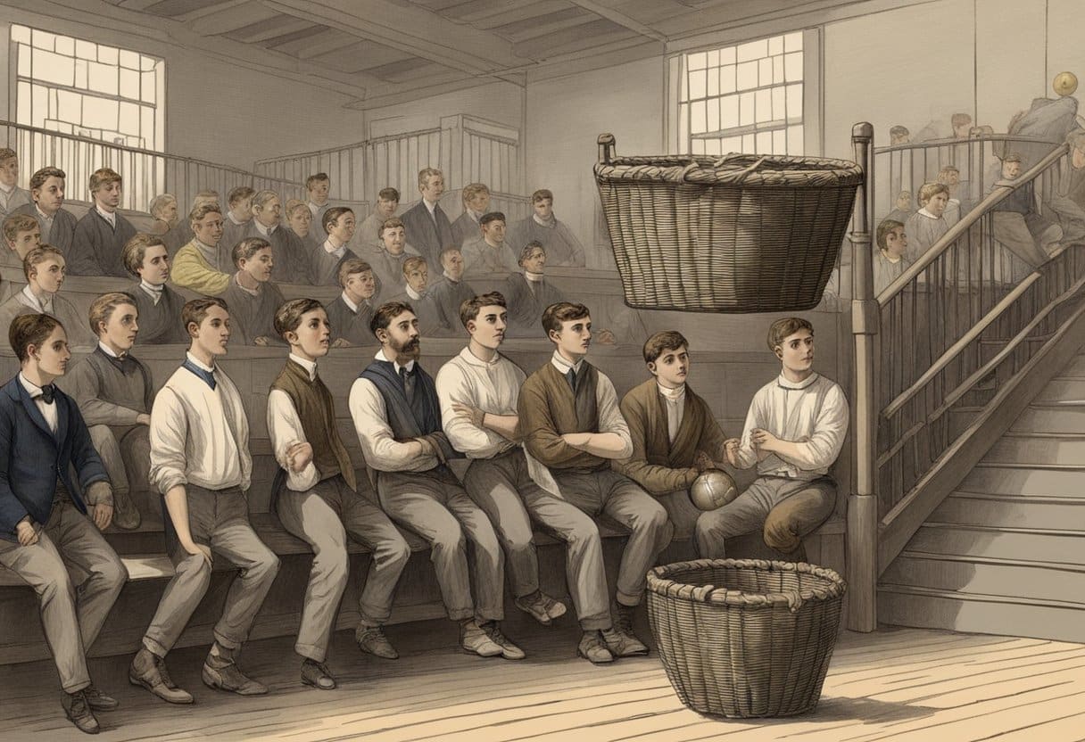 A peach basket nailed to a railing, a soccer ball, and a group of young men in a gymnasium in Springfield, Massachusetts in 1891