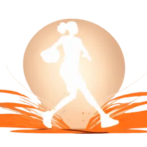 Silhouette of a person playing basketball in front of an orange circular background with abstract designs.