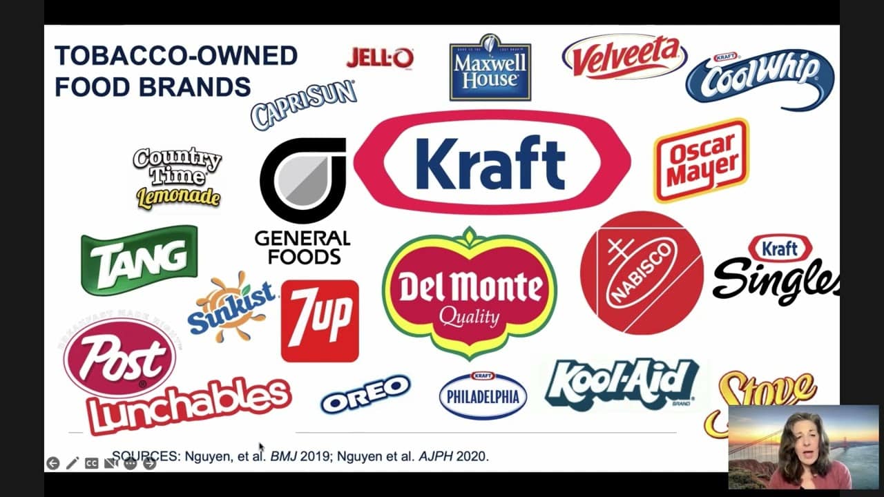 Image showing logos of various food brands, including Kraft, Oreo, Jell-O, and Kool-Aid, with a note indicating these are tobacco-owned.