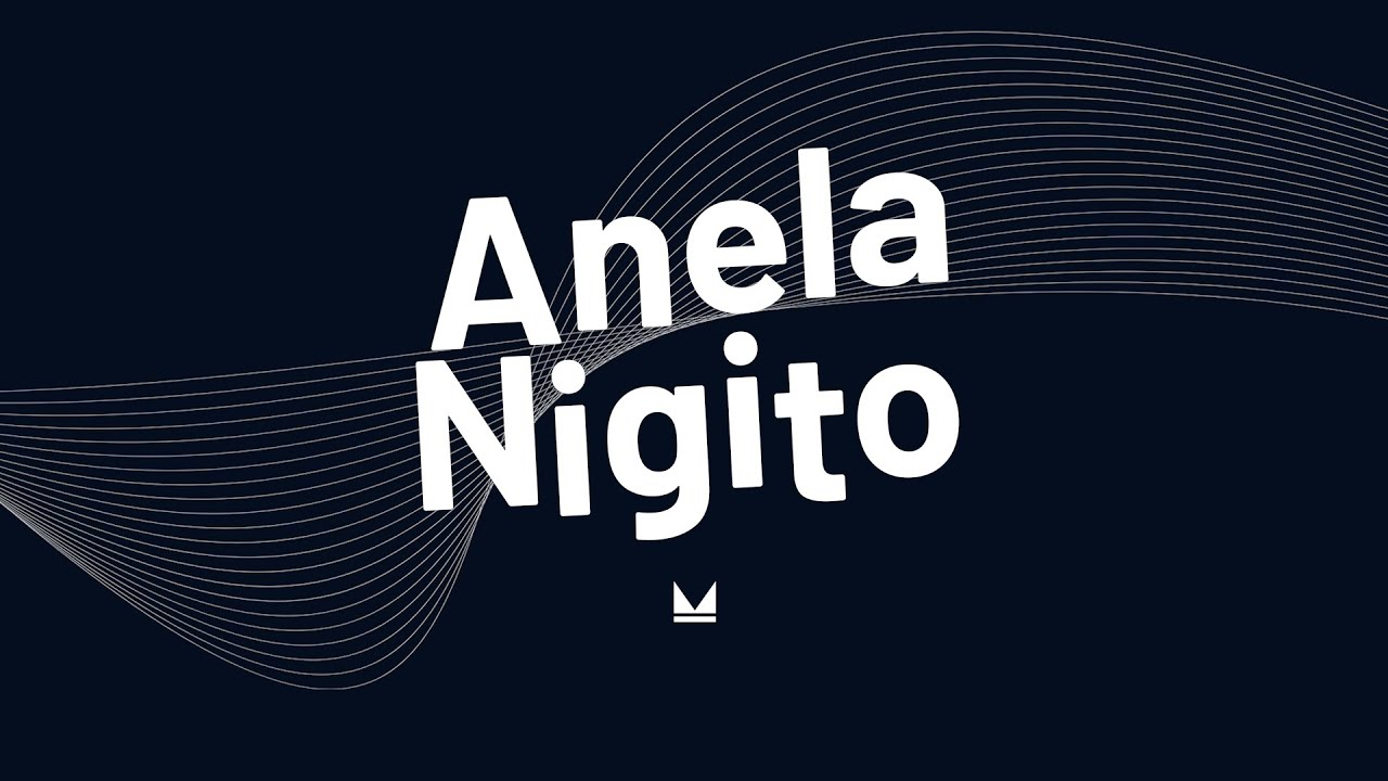 White text reading "Anela Nigito" on a dark background with curved, white lines and a small crown symbol below.