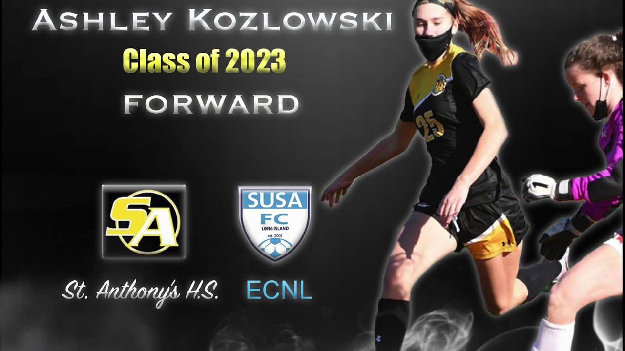 Soccer player in black and yellow uniform dribbles a ball. Text mentions Ashley Kozlowski, Class of 2023, forward, St. Anthony's H.S., SUSA FC, and ECNL.