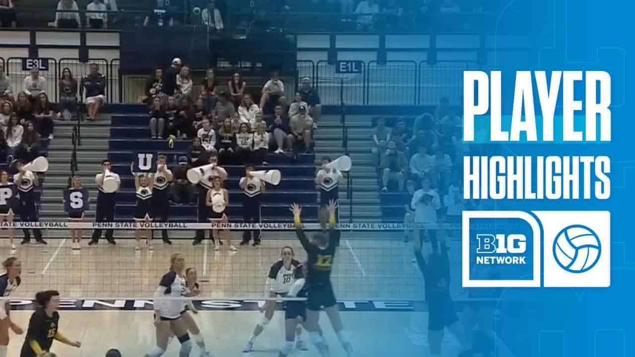 Volleyball match with a player spiking the ball. Crowd and cheerleaders are visible in the background. Text overlay reads "Player Highlights" and includes the Big Ten Network logo.