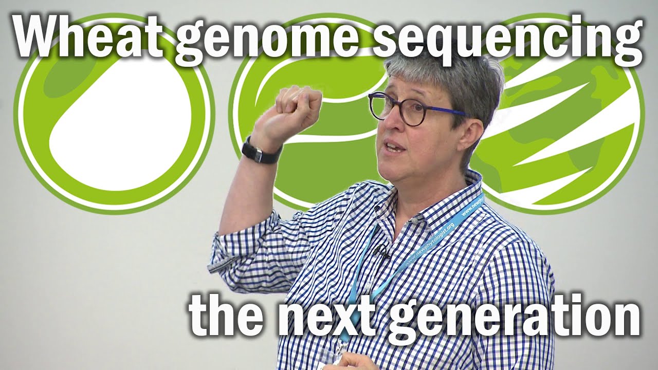 Person speaking about wheat genome sequencing, standing in front of a screen displaying related graphics and text: "Wheat genome sequencing the next generation.