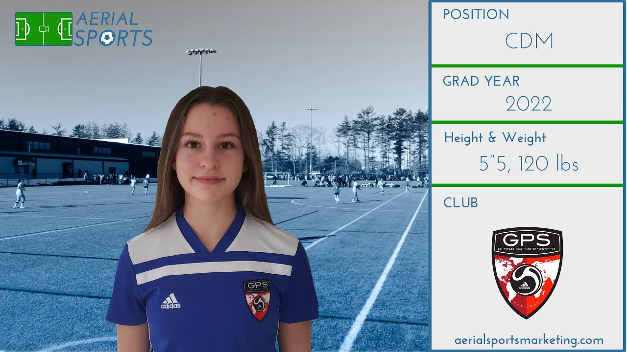 Young soccer player in a blue jersey stands in front of a soccer field. Profile information includes position: CDM, grad year: 2022, height and weight: 5'5", 120 lbs, club: GPS.