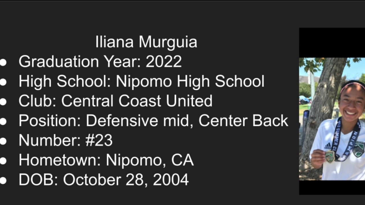 Text detailing Iliana Murguia’s soccer information, including graduation year, high school, club, position, number, hometown, and date of birth, with a partial person visible on the right.