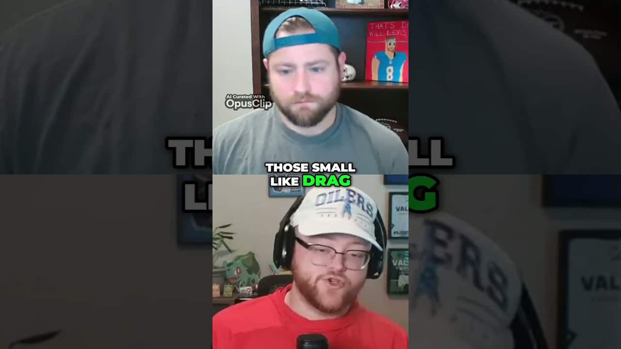 Two men with beards wearing caps converse in a split-screen video call. The bottom man wears a red shirt and Houston Oilers cap. Text reads, "THOSE SMALL LIKE DRAG." Shelves with items are in the background.