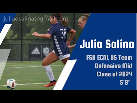 A soccer player in a navy uniform dribbles a ball. Text on the right includes a name, team info, position, graduation year, and height.