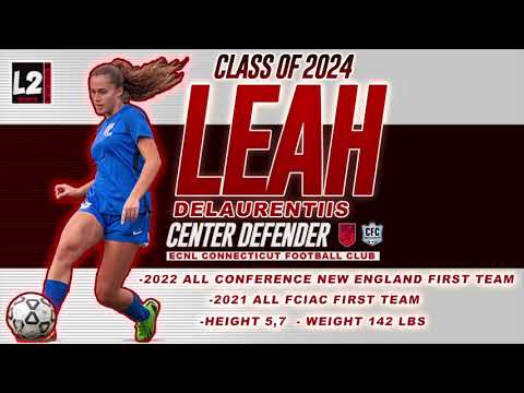 Female soccer player in blue jersey kicking a soccer ball. Text highlights player's details: Class of 2024, center defender, ECNL Connecticut Football Club, height 5'7", weight 142 lbs.