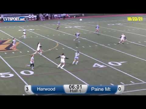 A soccer match between Harwood and Paine Mt. shows Harwood leading 3-0. The game is at 6:01 in the first half. The field is marked with yard lines and player action is visible.