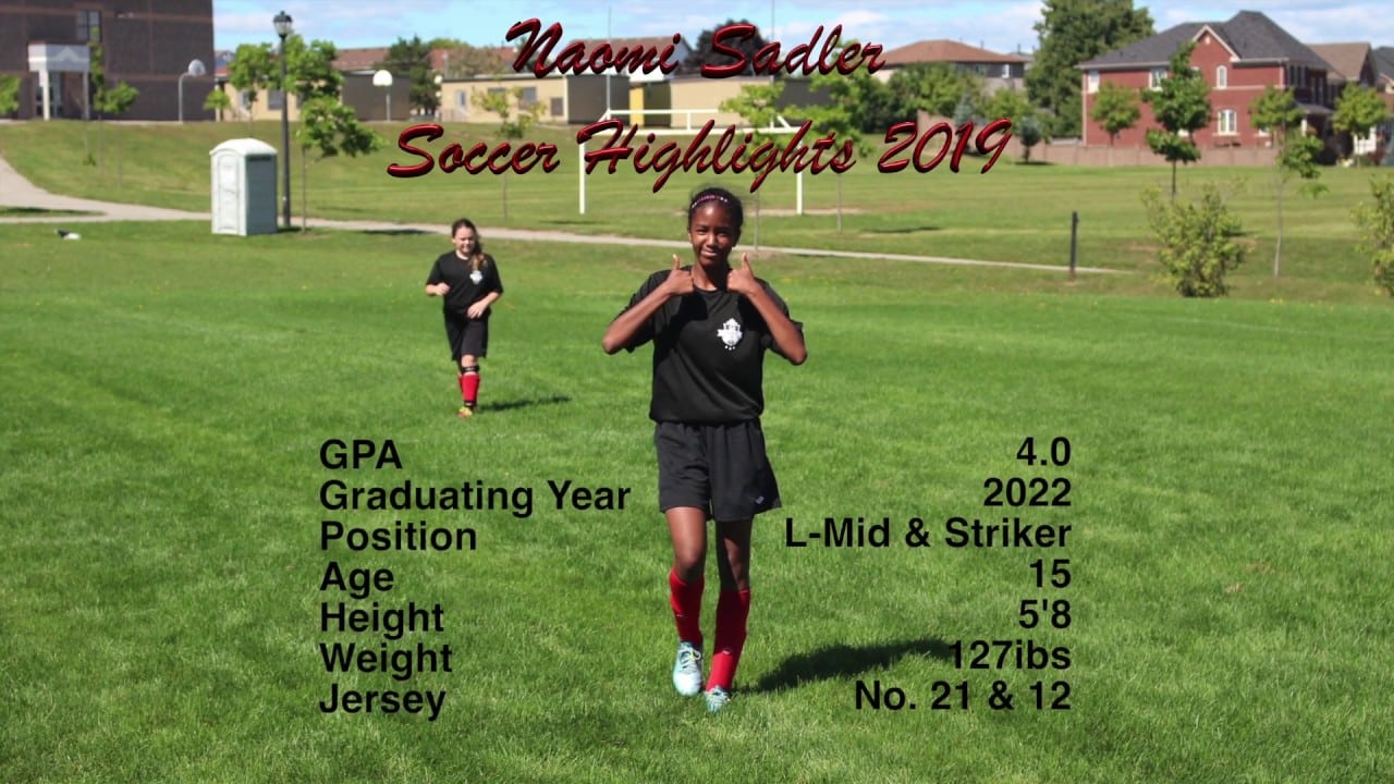 A soccer player in a black uniform runs on a field. Text overlays detail her stats: GPA 4.0, graduating in 2022, position L-Mid & Striker, age 15, height 5'8", weight 127 lbs, jersey 21 & 12.