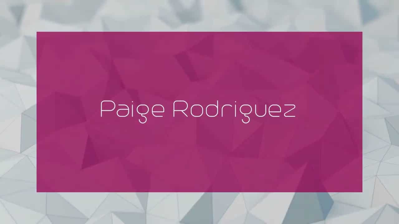 Text "Paige Rodriguez" in white on a pink rectangular background, set against a geometric, light gray pattern.