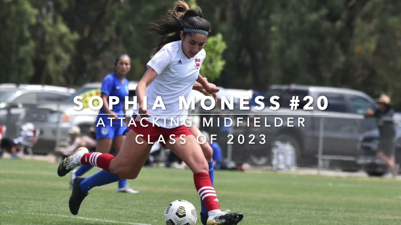 A soccer player in red shorts dribbles the ball on a field. A player in blue follows behind. Text reads "Sophia Moness #20, Attacking Midfielder, Class of 2023.