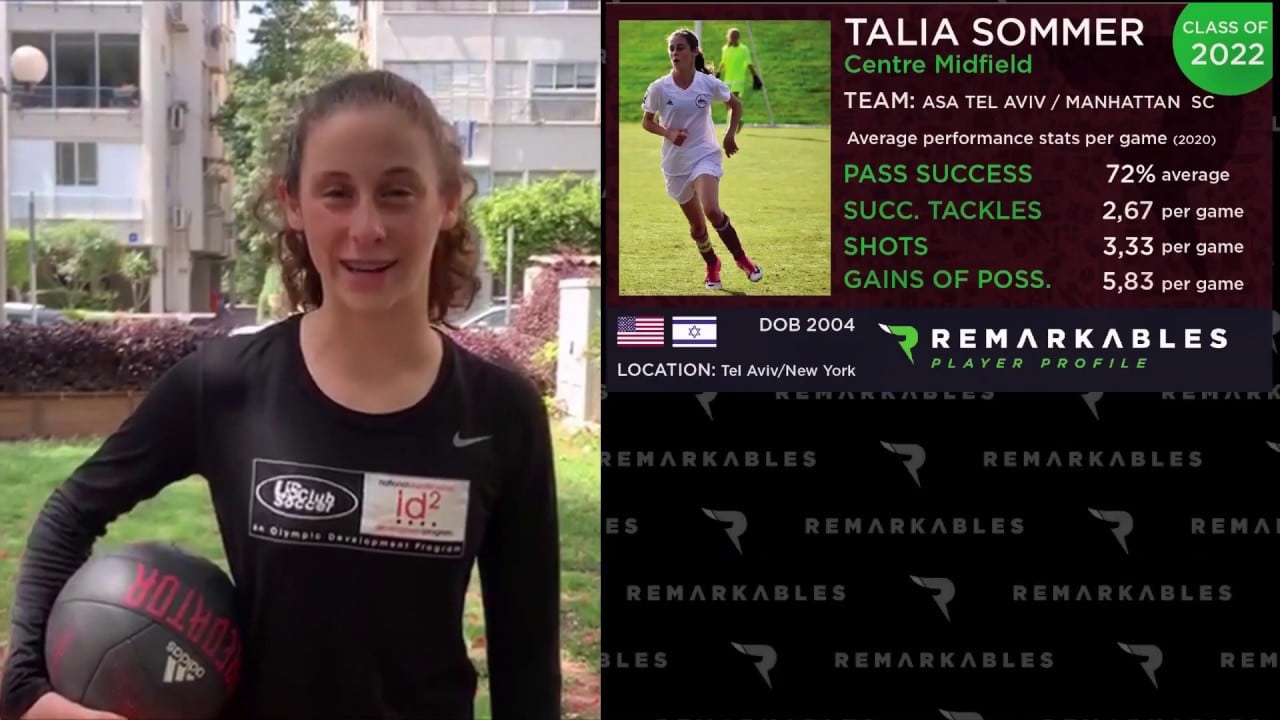 Young athlete stands holding a soccer ball, next to a player profile showcasing stats and location details for Talia Sommer, a midfield player with performance metrics and team information.