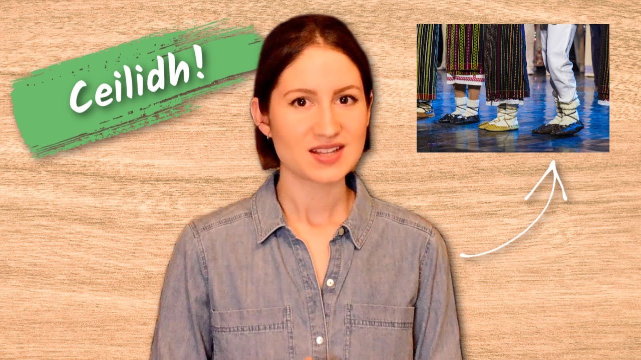 Woman in denim shirt stands near a sign saying "Ceilidh!" with feet in traditional dance shoes shown in an inset image beside her.