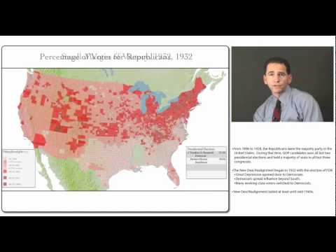 Map showing the percentage of votes for Republicans in the 1932 election across US counties, with varying shades of red. A man is seated on the right side of the image.