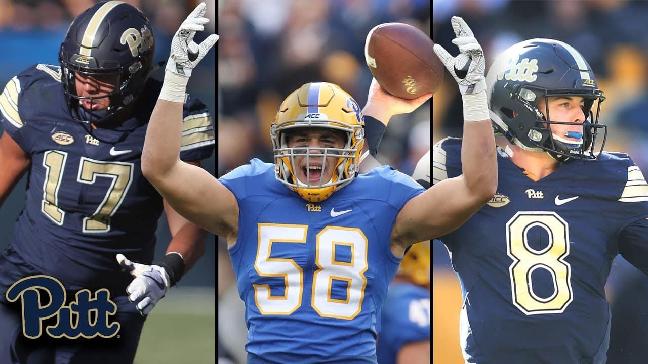 Three football players from the University of Pittsburgh are featured in action on the field, each wearing their uniforms with different jersey numbers.