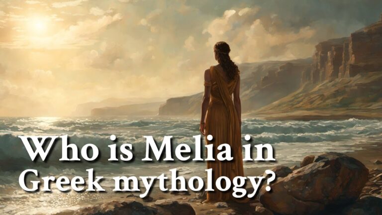 A woman in ancient Greek attire stands on a rocky shore, looking out to sea under a partly cloudy sky. Text reads, "Who is Melia in Greek mythology?.