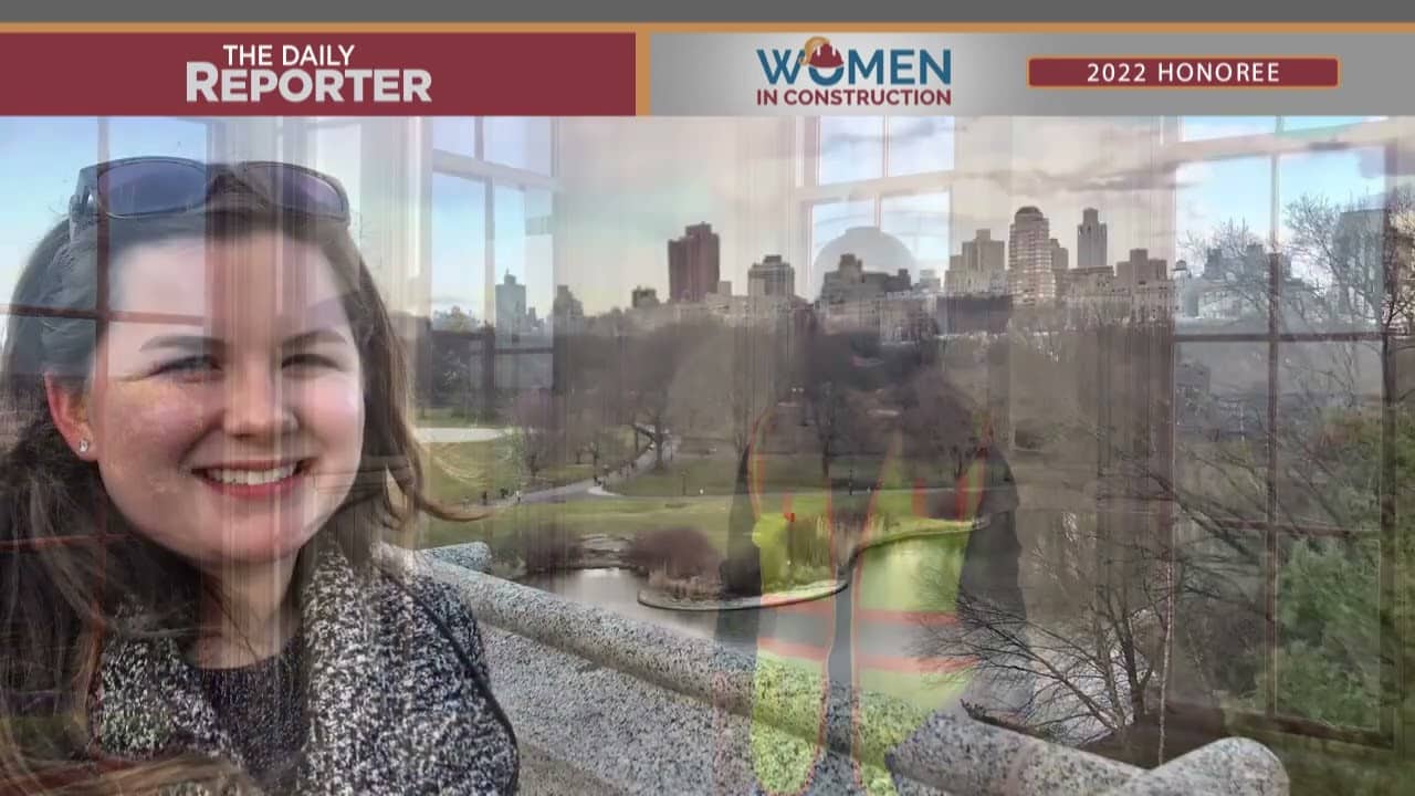 Composite image of a smiling woman outdoors and a city park view, with logos for The Daily Reporter and Women in Construction 2022 Honoree overlayed on top.