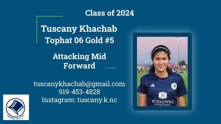Tuscany Khachab - Wisconsin NIL Amount, Net Worth, Player Information, Stats 2 Soccer player Tuscany Khachab, Class of 2024, shown in uniform beside contact info and role: Attacking Mid/Forward for Tophat 06 Gold #5.