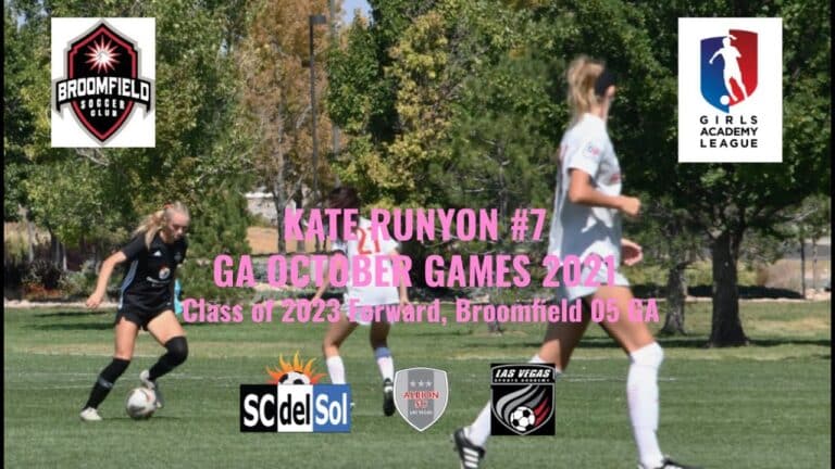 Four female soccer players are in action on a grassy field, with team logos and event information overlayed on the image.
