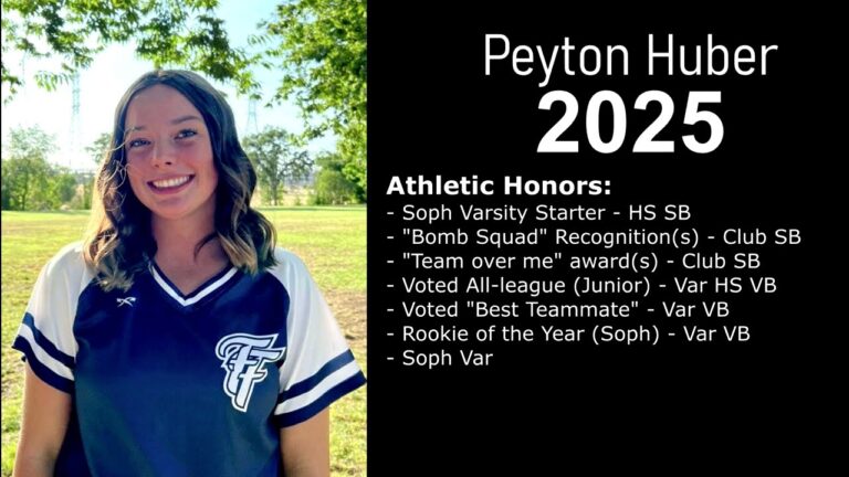 A young woman in a softball uniform stands outdoors, smiling. Text next to her lists the name Peyton Huber, class of 2025, and her high school athletic honors.
