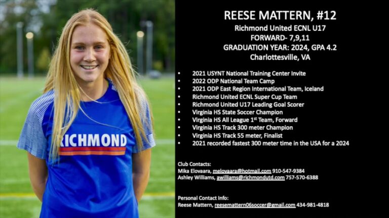 A teenage girl wearing a blue Richmond soccer shirt stands smiling outdoors. Beside her is a summary of her soccer achievements and contact information.